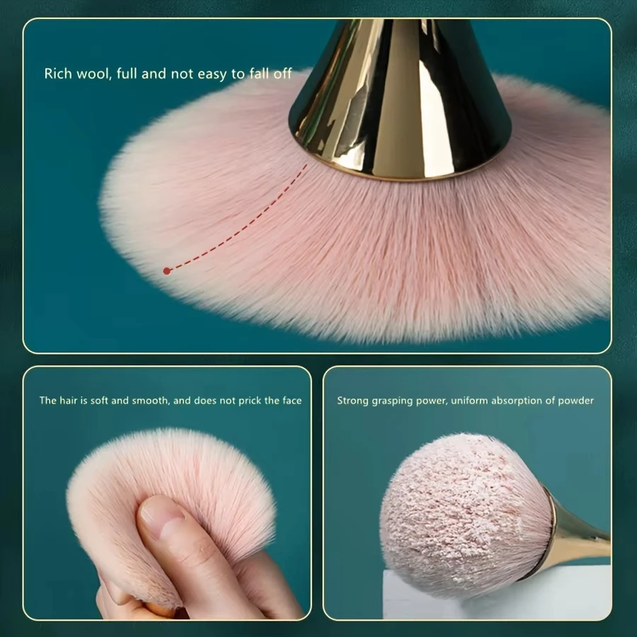 Brocha de maquillaje de abanico dorado rosa, brocha cosmética, brocha para polvos sueltos, brocha para resaltar, brocha para colorete, fijación de maquillaje de cabello suave