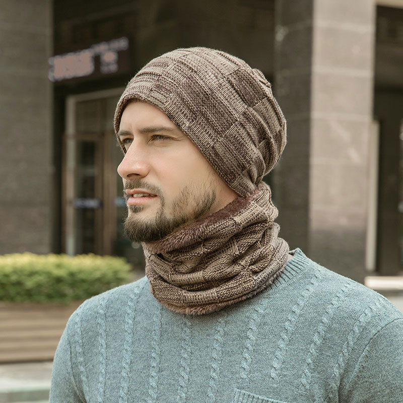 Männer Winter Warm Halten Beanie Schal Set Männlichen Fleece Futter Woolen Garn Hut Stricken Hals Gamasche Einfarbig Plaid Design großhandel