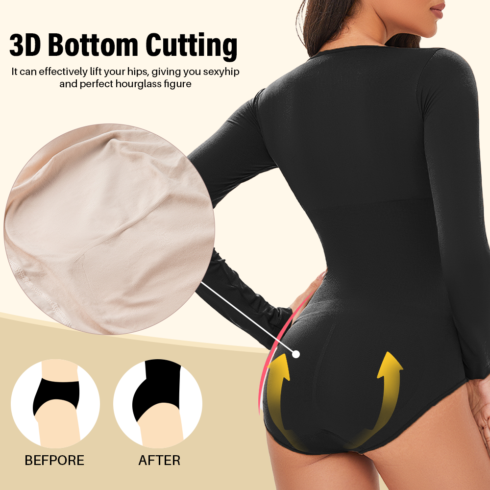 POKARLA Spandex Elastic Body Suit Shapewear Women Body Shaper Tummy Control Long Sleeve Open Crotch Round Neck Seamless Shapers