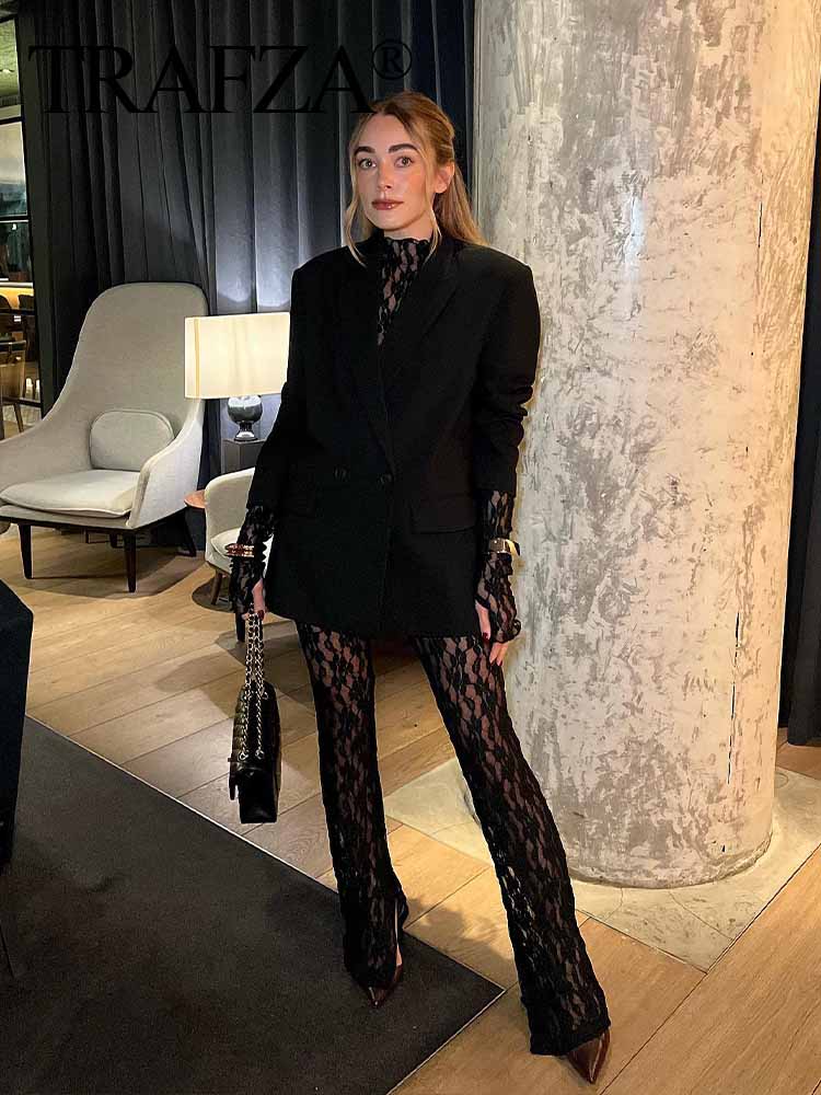 TRAFZA High Waist Lace Leggings Jumpsuits Women Fashion Trend Hollow Out Slim Black Jumpsuits Women's Long Leggings