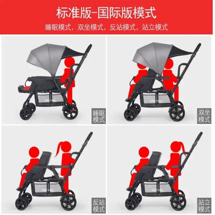 Twin Baby Stroller Two Person Stroller Two Child Handcart Detachable Front Rear Seats Lightweight Folding Sitting Lying Down