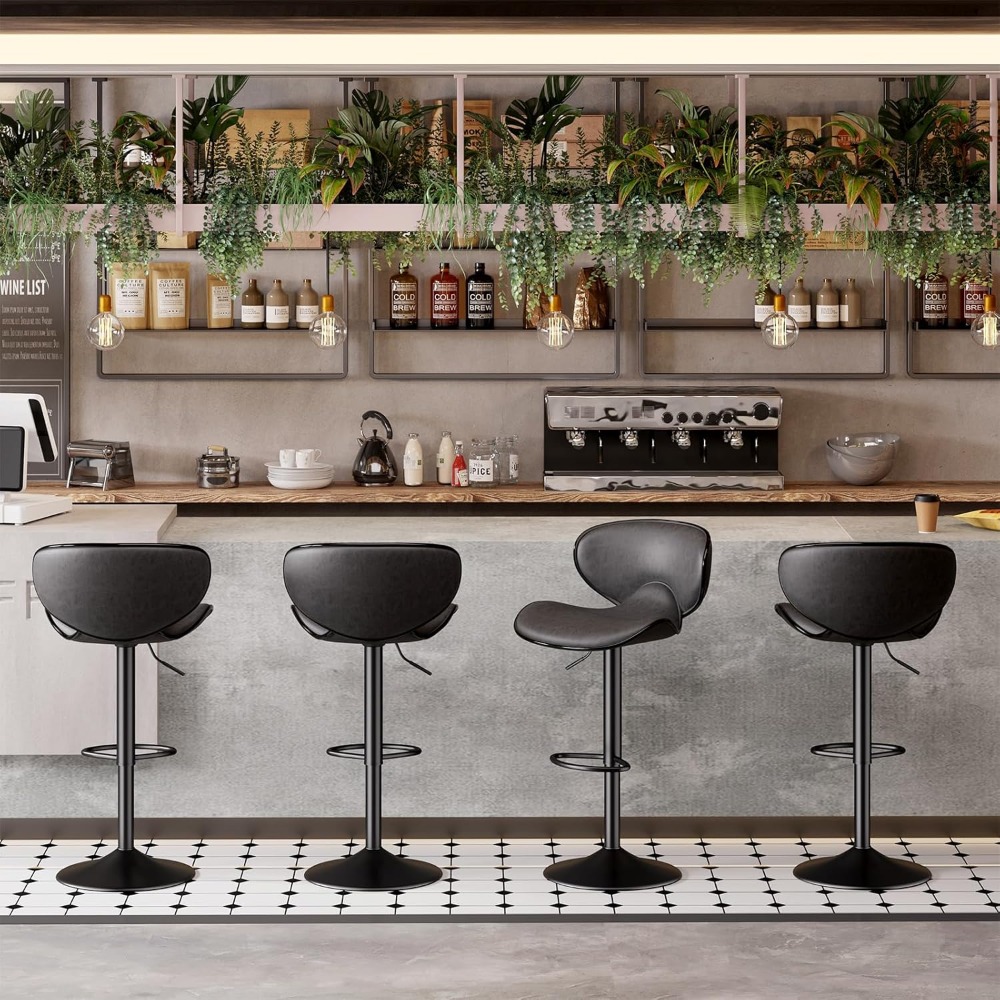 Set of 4 Swivel Faux Leather Bar Stools with Backrest and Footrest, Adjustable Counter Height Kitchen Stools