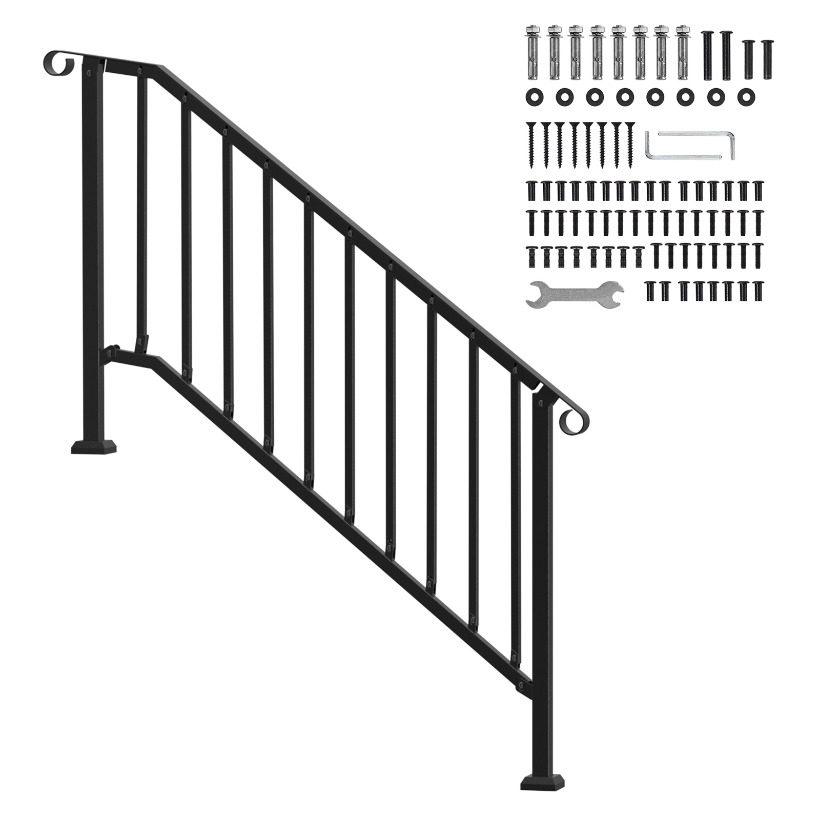 SucceBuy Handrails for Outdoor Steps 5 Step Stair Hand Rail Kit for Seniors Concrete Steps & Porch & Deck Black Retro Arch