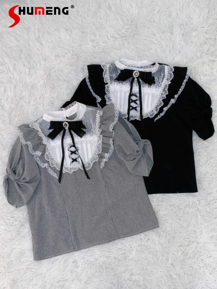 Blus Produksi Massal Gaya Tambang Jepang Atasan Kaus Serbaguna Lolita Lucu Manis Lengan Puff Busur Kerah Berdiri Sambungan Renda Wanita