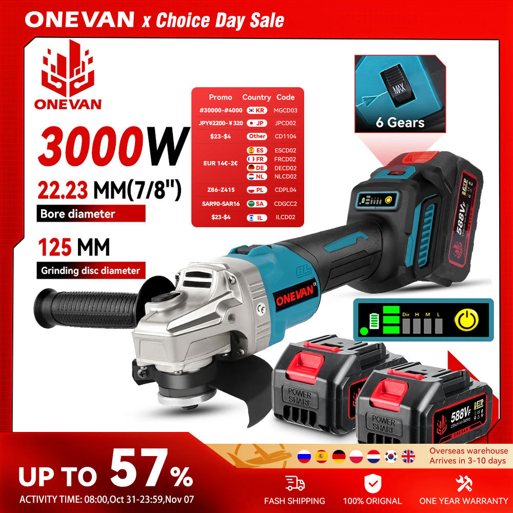 ONEVAN 125 мм Бесщеточная электрическая угловая шлифовальная машина 3000 Вт 6-ступенчатый полировальный резак для металла, дерева, электроинструмент для Makita 18 В, аккумуляторный штифт