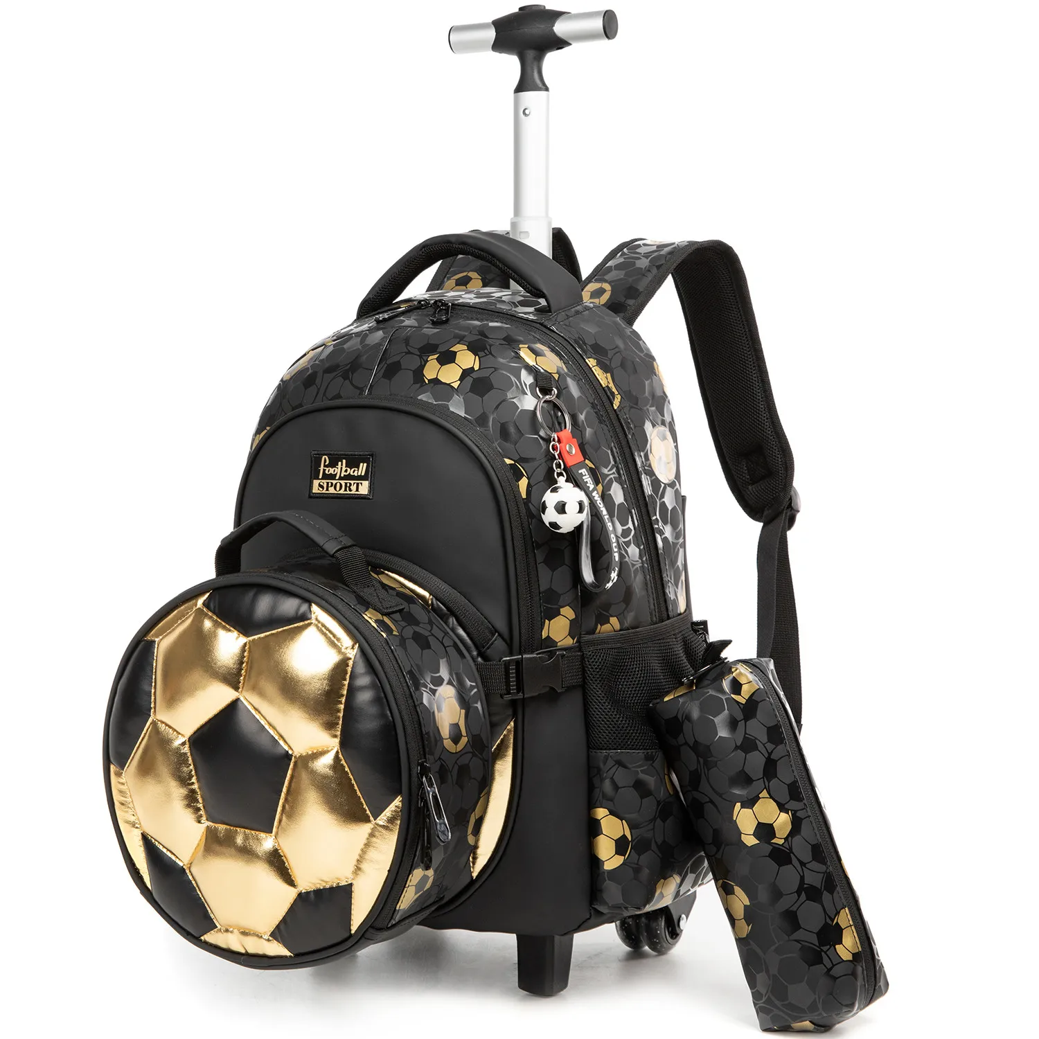 Rolling Backpack for Boys Soccer Print with Lunch Bag Pencil Case Football Fan Favorite Durable Lightweight