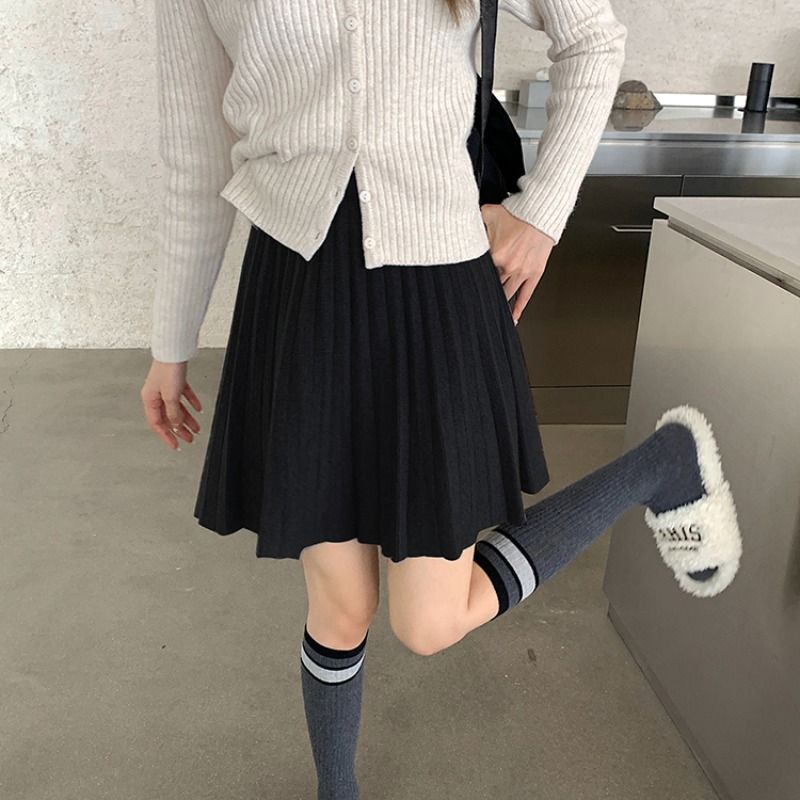 Frühling Süße Gestrickte Rock Frauen Casual Plissee Hohe Taille A-line Mini Weiblichen Rock Weiß Koreanische Mit Elastische Adrette Rock