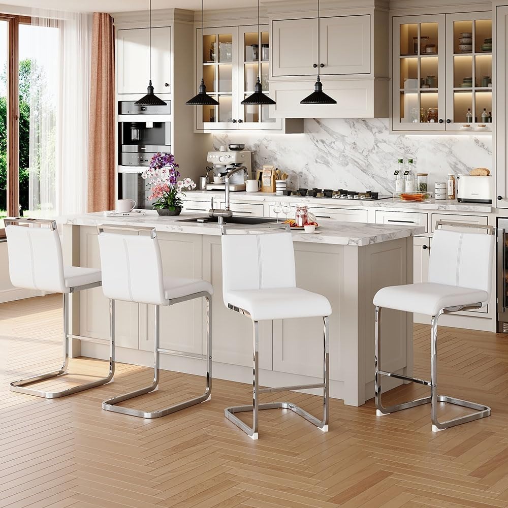 Counter Height Bar Stools Set of 4,25" PU Leather Bar Stools with Back,Counter High Chairs with Painted Metal Legs