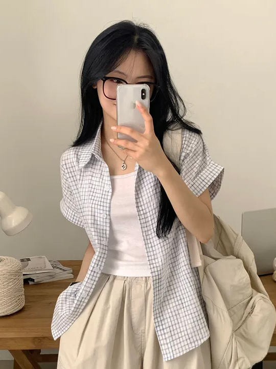 Csa Fena de Manga Curta Xadrez Estilo Casual Solto com Botão Único Cardigan Top Tendência Verão Estilo Fresco Versão C...