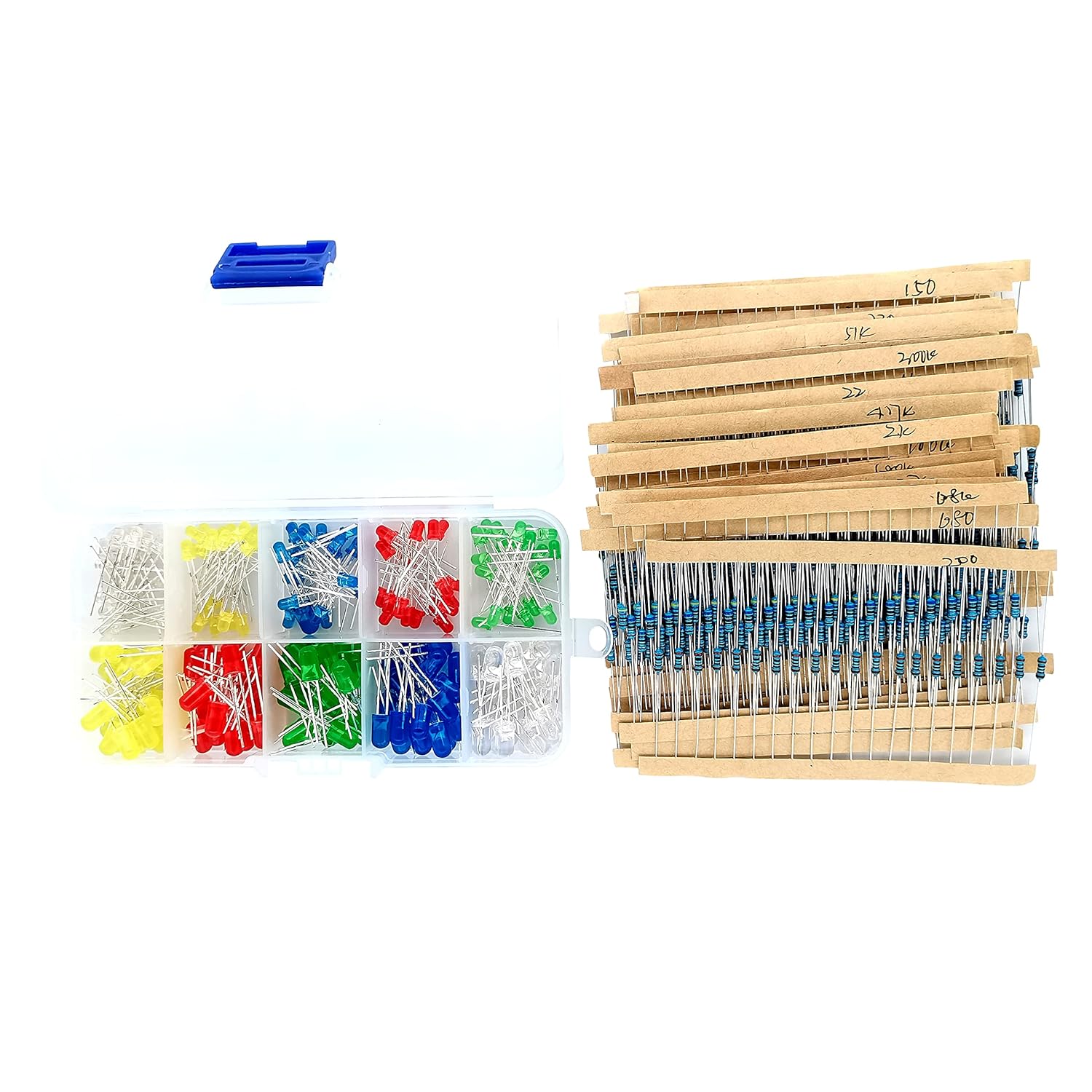Kit de resistencia LED 600 Uds 30 valores 1/4W Kit de resistencia + 200 Uds 5 colores 3mm y 5mm diodo emisor de luz LED para proyectos Arduino