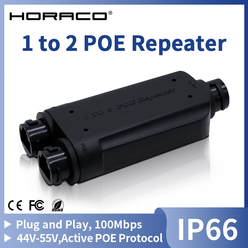 HORACO 2-portowy wodoodporny wzmacniacz POE IP66 10/100Mbps 1 na 2 przedłużacz PoE z IEEE802.3af/at 48V zewnętrzny do kamer z przełącznikiem POE