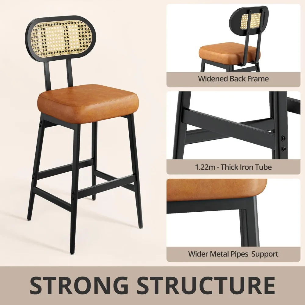 30" Counter Height Bar Stools (Set of 2): Modern PU Leather, Rattan Back, Wide Seat