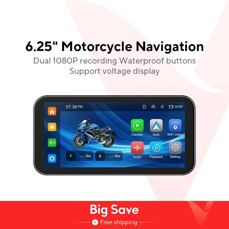แบบพกพา 6.25 นิ้ว IP67 กันน้ํารถจักรยานยนต์ GPS นําทาง Wireless Carplay Android Auto DVR เครื่องบันทึกไดรฟ์ Moto Monitor WIFI