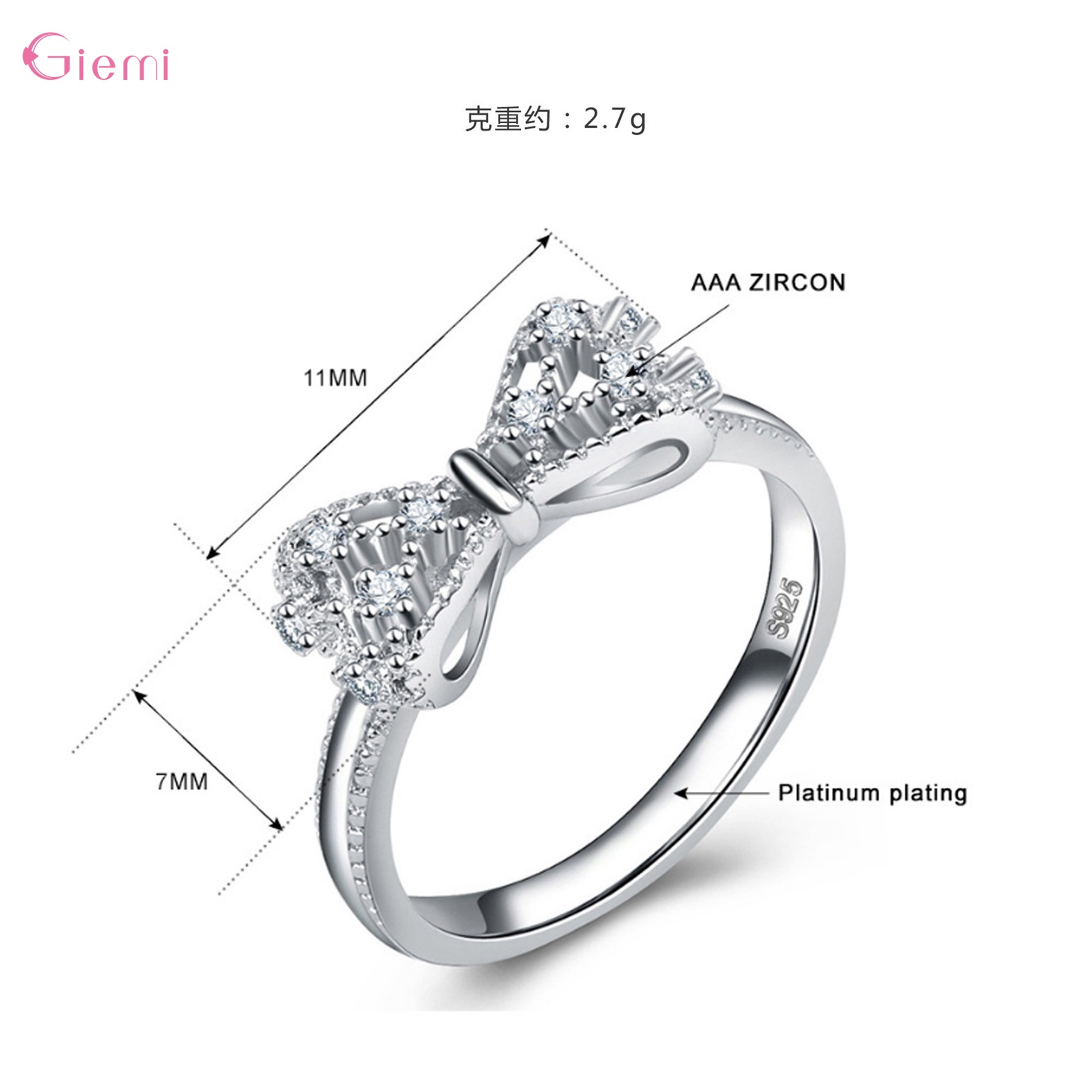 Chất Liệu Bạc 925 Nơ Thắt Nơ Đính Đá Cubic Zirconia Đá Cho Nữ, Nhẫn Nữ Thời Trang Hợp Thời Trang Cưới Đính Hôn Trang Sức