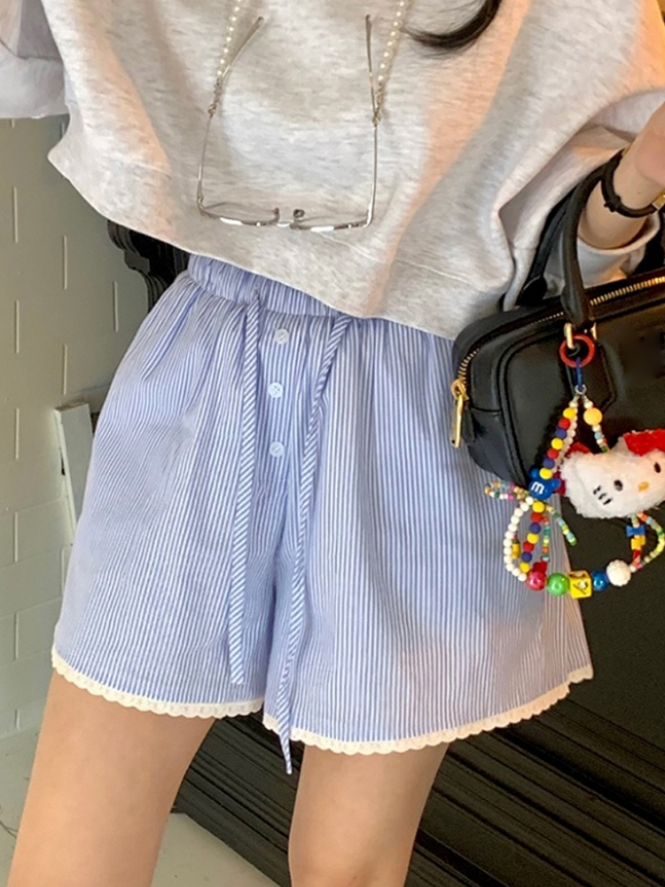Summer Casual Women's Short Pants Chic Fashion Stripe Lace Trim Drawstring Slimming Trousers High Waist Wide Leg Commute Sle