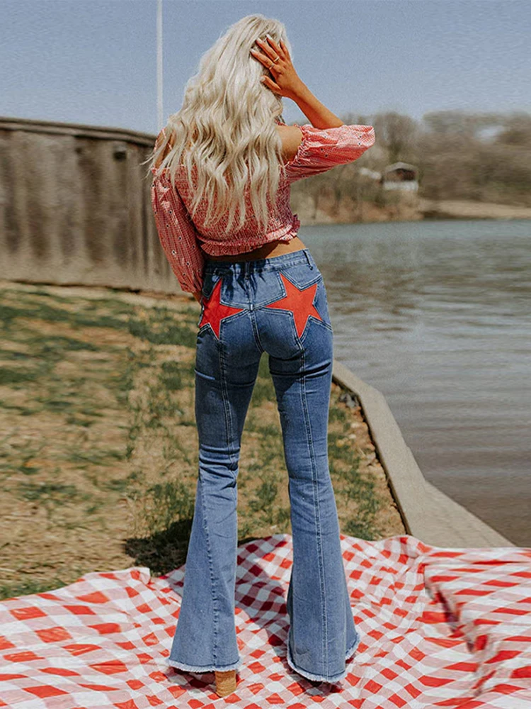 High Street Rivet Y2k-pantalones vaqueros largos para mujer, Pantalón recto de cintura baja con retales de estrellas, informales, a la moda, 2025