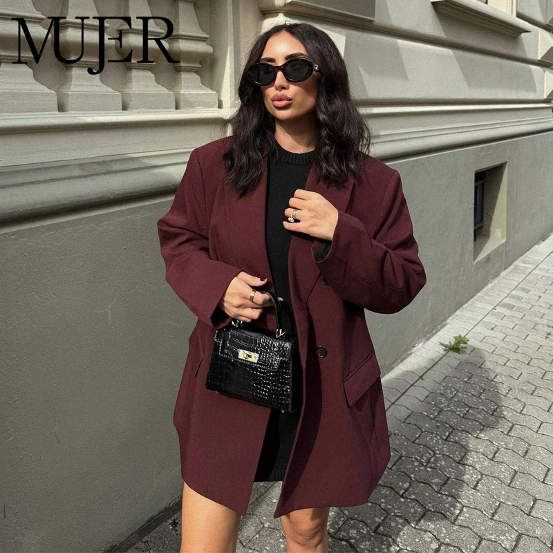 MUJER 2025 Proste Długie Blejzery Damskie Zimowe Okrycia Wierzchnie Damskie Marynarki Blejzery Streetwear Płaszcz Blejzer Damski z Długim Rękawem