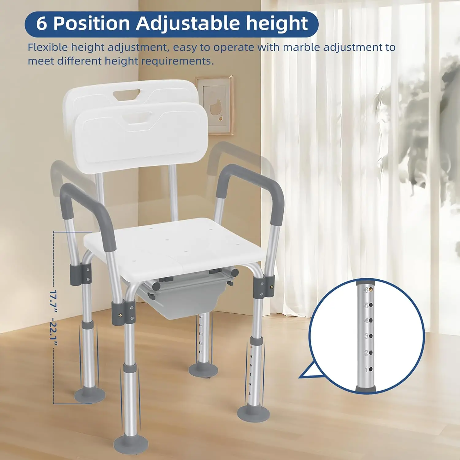 Toilettenstuhl Shower Stool Height Adjustable 2-in-1 Duschstuhl Badhocker Nachtstuhl mit Bucket, Armrest and Backrest WC-Chair