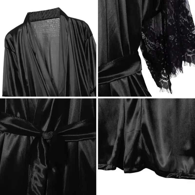 Femmes Robe de nuit Robe avec G String dentelle florale peignoir manches serrées chemise de nuit femme français Sexy soyeux Satin vêtements de nuit