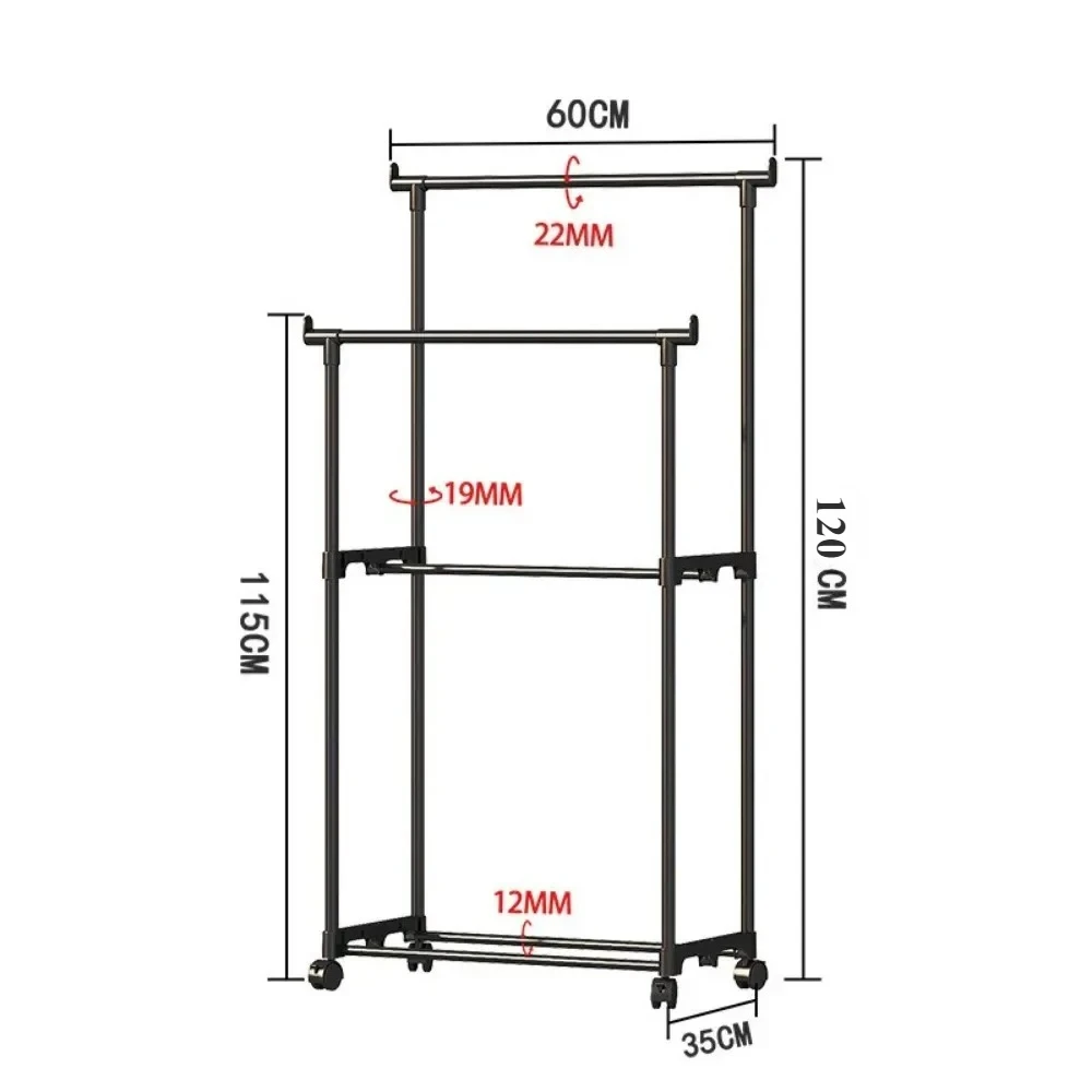 Double Rod ราวแขวนเสื้อผ้าชั้นมัลติฟังก์ชั่แบบพกพาแขวนเก็บเสื้อผ้า Rack Movable ห้องนอนชั้นวางล้อ Coat Shelfs