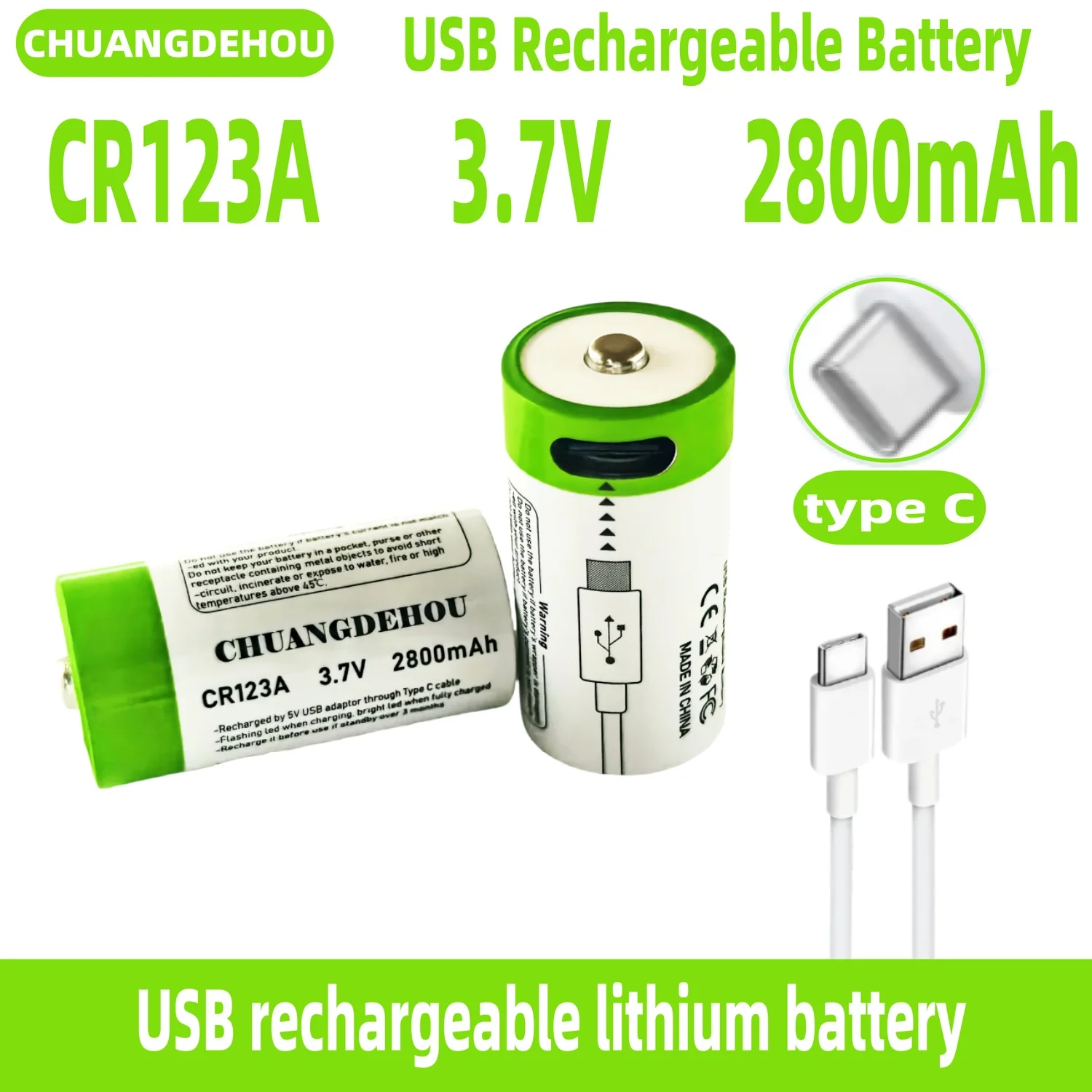 Cr123A Lithium Battery 3.7V 2800Mah Large Capacity Usb-C Fast Charge Green and White Environmentally Friendly Design Rechargeable Battery Suitable for Cameras/Flight Safe and Leak-Proof Long Battery Life and Durable