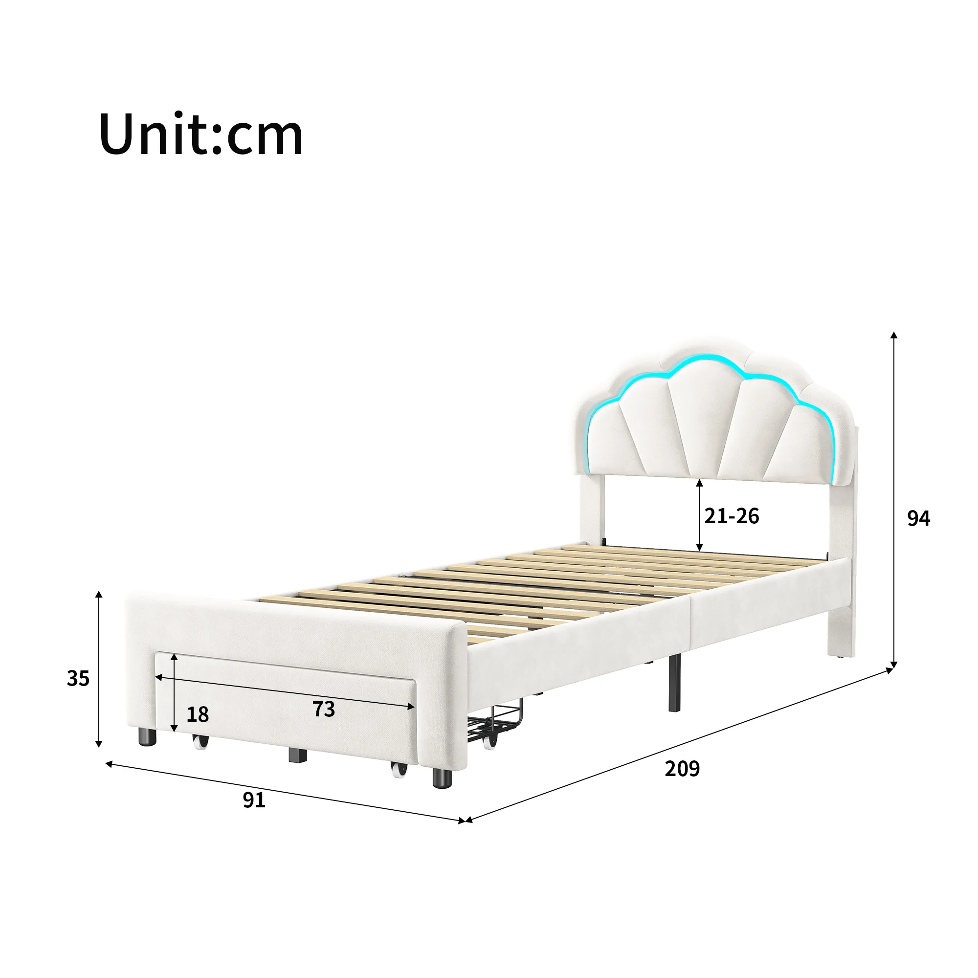 Comanlai-Cama infantil com forma de flor cabeceira, cama de solteiro estofada com luzes LED e gavetas, tecido de veludo, 90x200cm