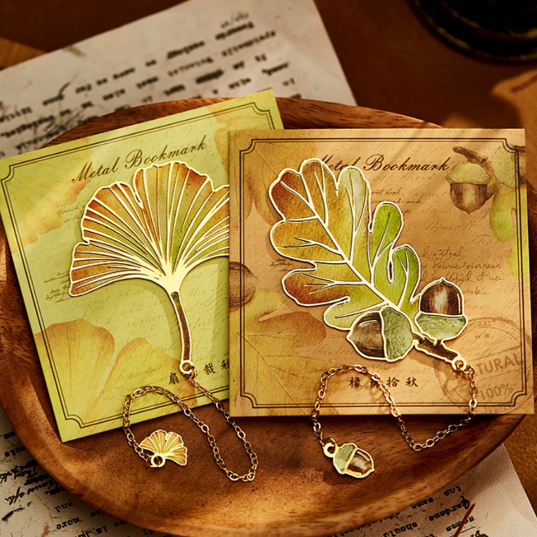 Exquisite Leaf Metal Bookmark with Metal Chain Pendant Maple Apricot Leaf Book Markers Reading Accessories Student Stationery