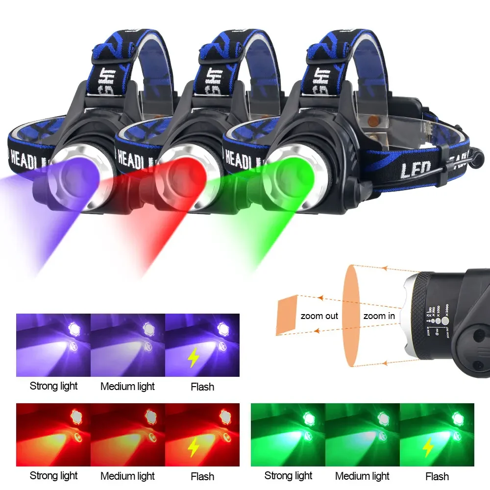 Scheinwerfer Rot Licht Grün Kopf LED Taschenlampe Outdoor XPG Scheinwerfer Taktische Camping Jagd Angeln Zoombare Angeln Scheinwerfer