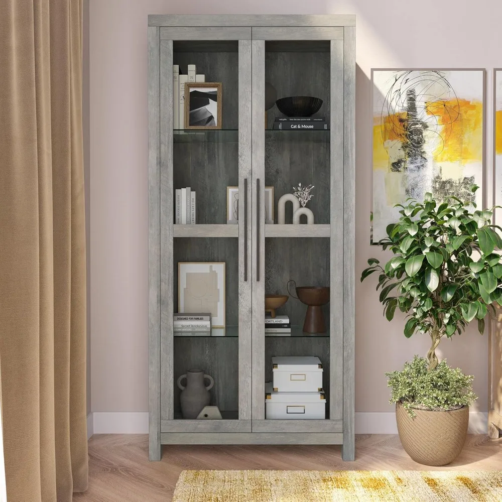 Glass Display Cabinet, Tall Curio Cabinet with Tempered Glass Doors for Living Room, Trophy Display Case - Avalon (Gray Wash)