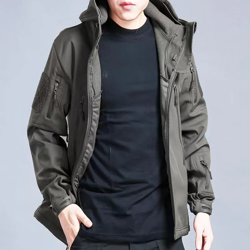 Chaquetas tácticas de invierno y otoño para hombre, trajes impermeables de lana elásticos, conjunto de chándales cálidos para pesca, senderismo y acampada, abrigo con capucha, S-5XL