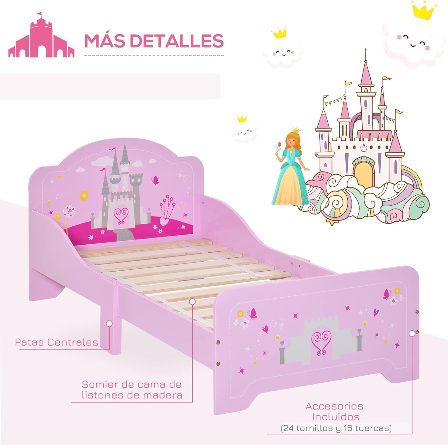 Cama Infantil para +3 Años 143x73x60 cm Cama para Niños de Madera con Barreras de Protección Carga Máx. 50 kg
