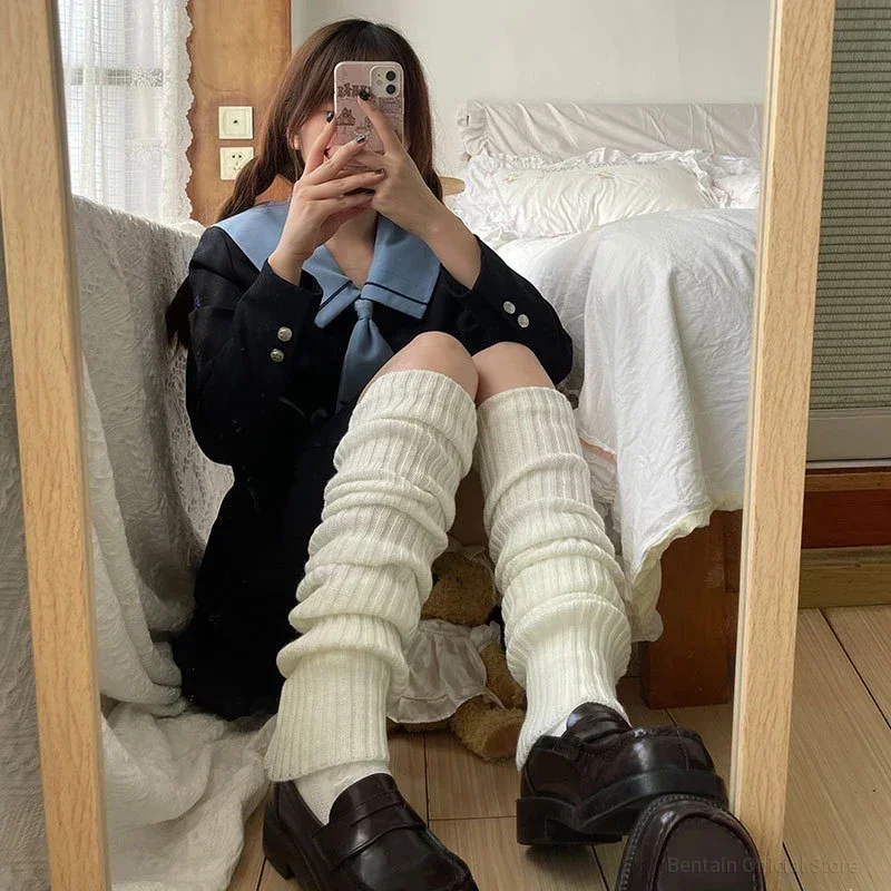 Calentadores de piernas alargados de 70CM, calcetines largos Lolita para mujer, calcetines cálidos tejidos estilo universitario JK, puños para botas por encima de la rodilla para Otoño e Invierno