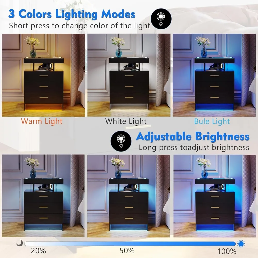 LED Nightstand with Wireless Charging Station, Auto Sensor 3 Color Dimmable Night Stand, Modern Bedside Table with 3 Drawers &