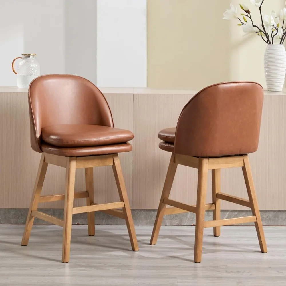 Counter Height Bar Stools Set of 2, Faux Leather Fabric Upholstered Swivel Barstools with Solid Wood Legs & Double-Padded Seat