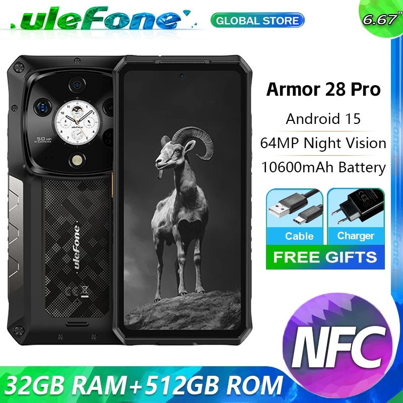【Estreia mundial】Ulefone Armor 28 Pro 5G AI Rugged Phone 32 GB RAM 512 GB ROM Smartphone 120 W MTK Dimensão 7300 Telemóvel 10600mAh 6,67" AMOLED