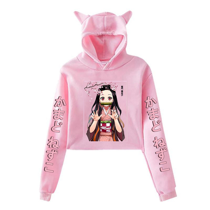 New Fashion Women Girl Hoodie Kamado Nezuko Long Sleeve Cat Ear Streetwear Pullover Harajuku Anime Short Tops