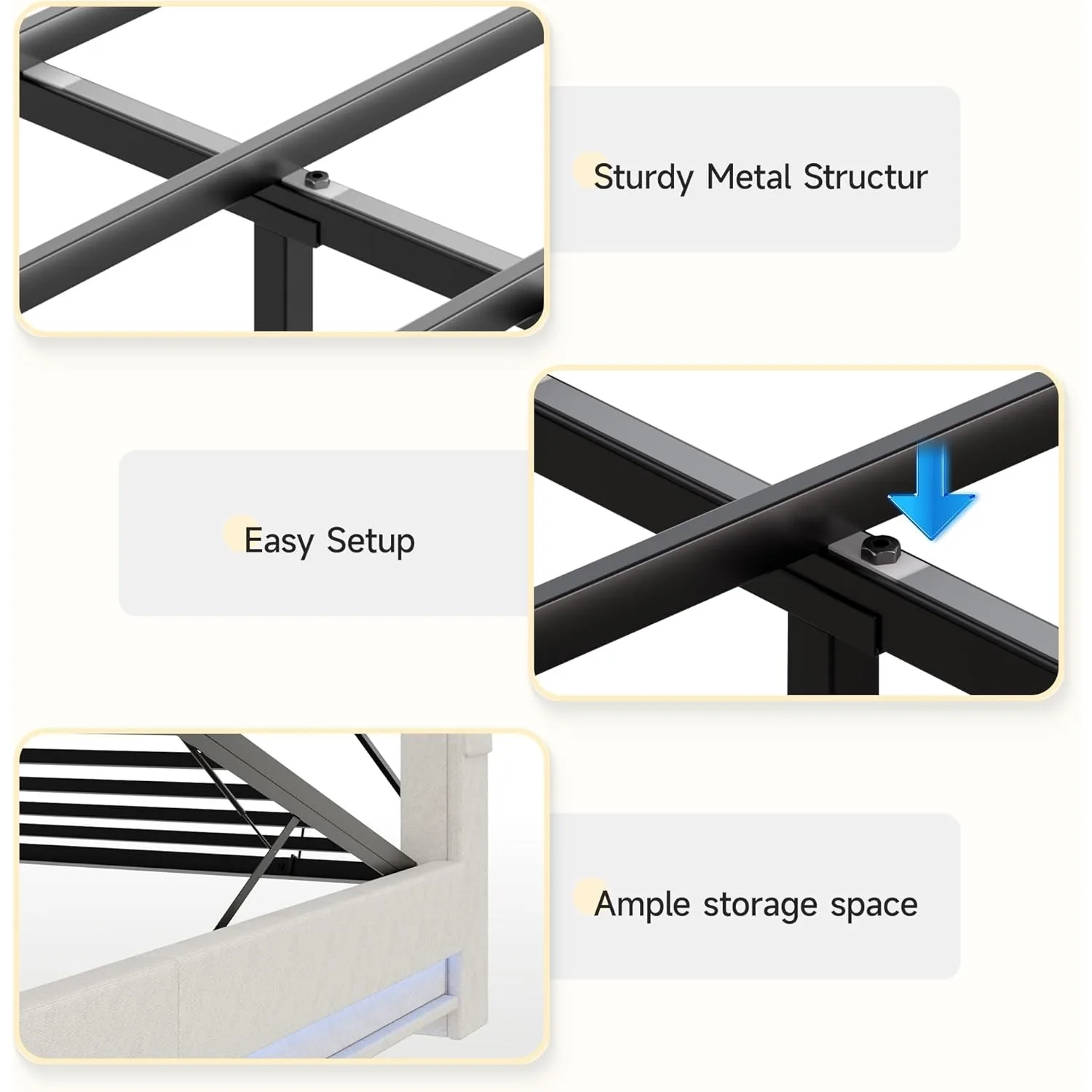 Twin Size Lift Up Bed Frame, Storage Headboard with Charging Station, LED Lights Upholstered Platform Bed, No Box Spring Needed