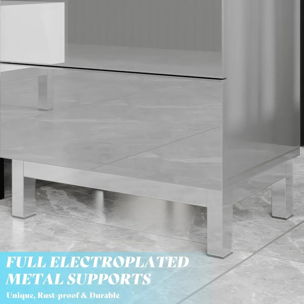 Modern Minimalist Nightstand Set of 2, 24" High Gloss Electroplated Sofa Side Table with 2 Magnetic Storage Drawers, Rectangula