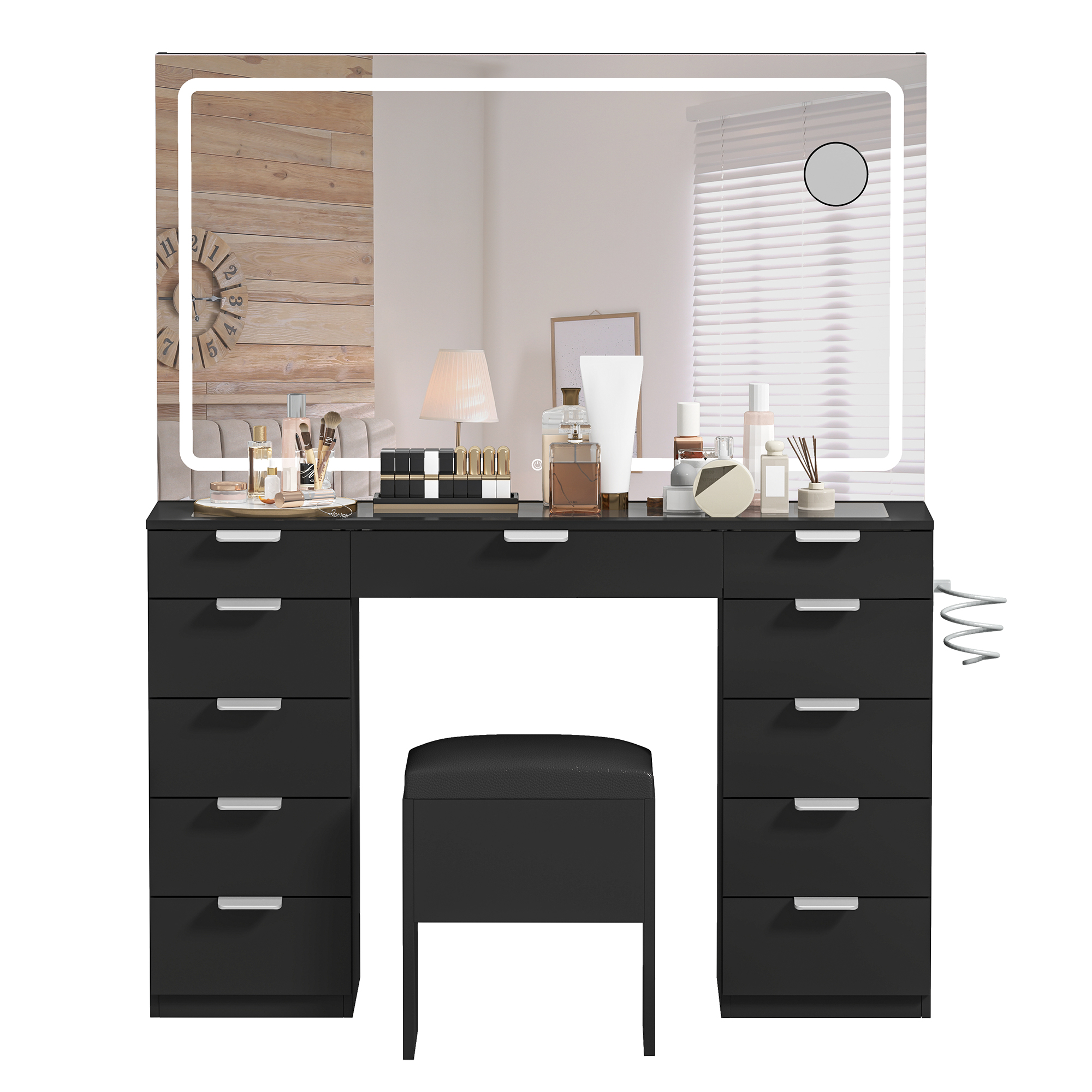 YITAHOME White LED Vanity Table Glass Top Makeup Desk with Large Mirror 11 Storage Drawers and Stool