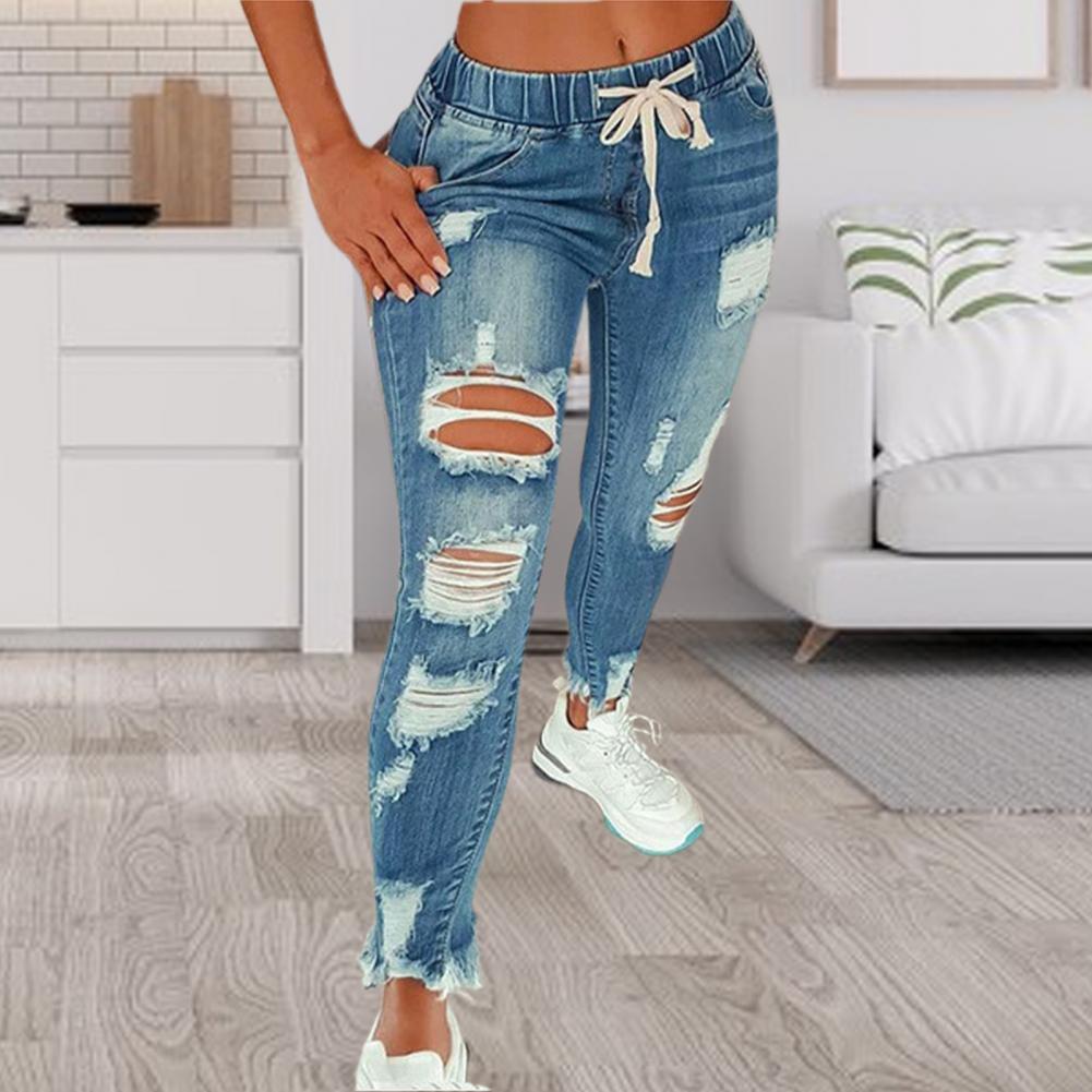 Popularne dżinsy ołówkowe Streetwear Damskie dżinsy Slim Dopasowane, dopasowane spodnie dżinsowe Elastyczna talia