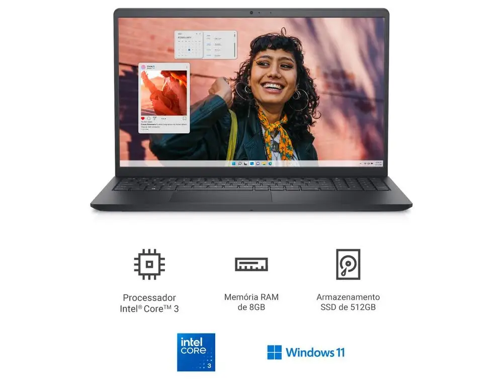 Notebook Dell Inspiron 15 I15-I3100-A15P Intel Core 3 8GB RAM 512GB SSD 15,6" Full HD Windows 11 I15-I3100-A15P