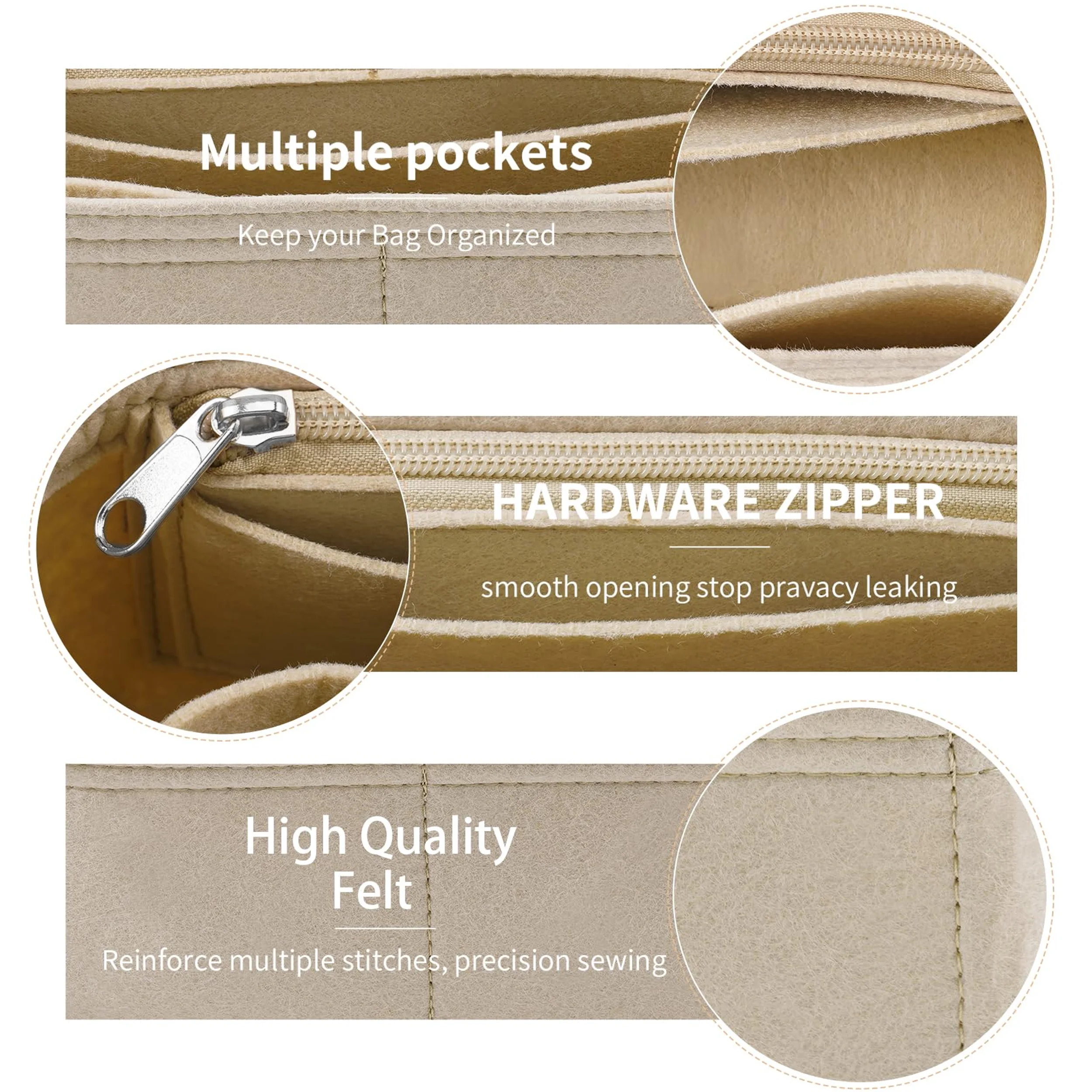 Felt Purse Organizer Insert with Zipper – กระเป๋าซับในสําหรับกระเป๋าสะพาย, กระเป๋าถือและ Totes, กระเป๋าเก็บผู้หญิง, 3 ขนาด