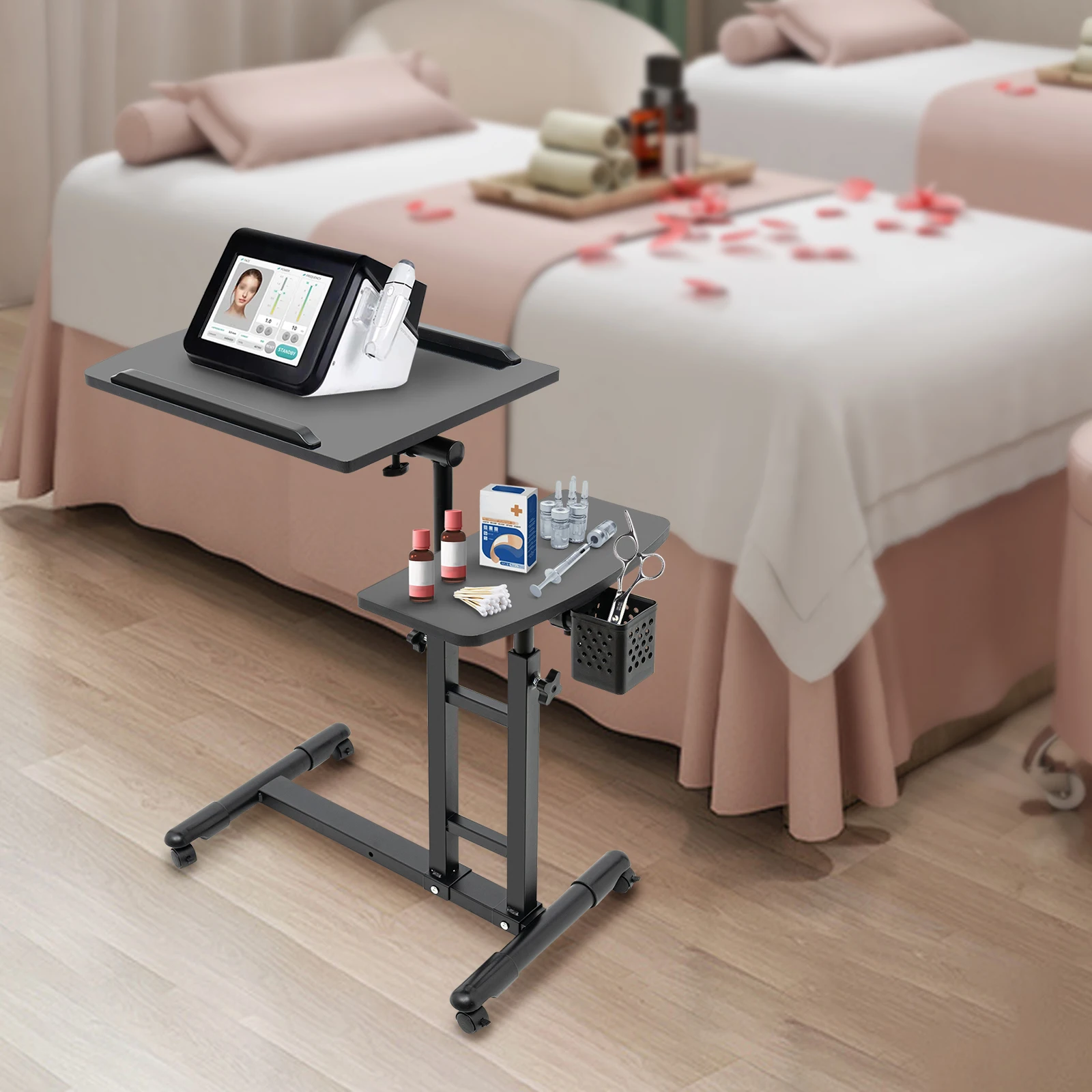 Professional Tattoo Workbench with Dual 25in Workstations & Adjustable Height, Portable Rolling Design for Studio/Home Use