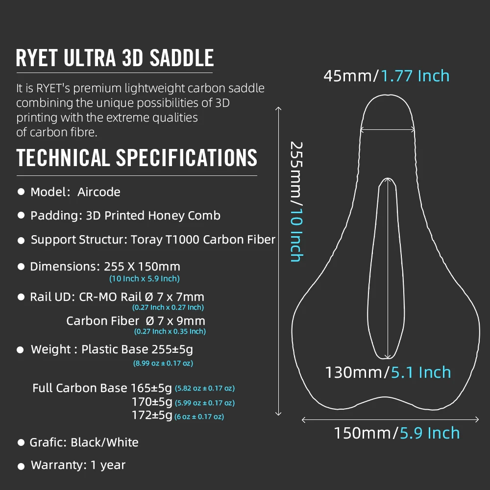 RYET-Ultraleve Carbon Fiber Bike Saddle, 3D Impresso, Oco, Confortável, Respirável, MTB, Cascalho, Estrada, Bicicleta, Ciclismo, Peças de Assento