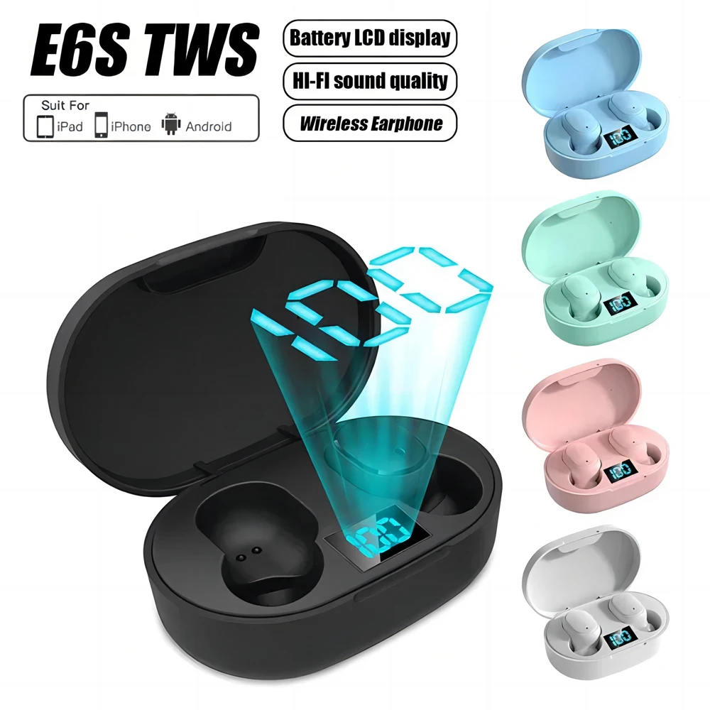 Auriculares inalámbricos Bluetooth TWS E6S con micrófono pantalla LED auriculares estéreo con cancelación de ruido con Cable de carga para todos los teléfonos inteligentes
