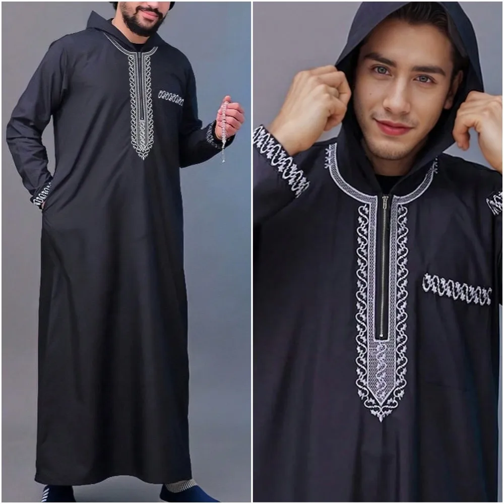 Männer Ethnische Muster Stickerei Reißverschluss Mit Kapuze Robe Traditionelle Langarm Tasche Jubba Thobe für Den Täglichen Verschleiß Mann Islamischen Thobe