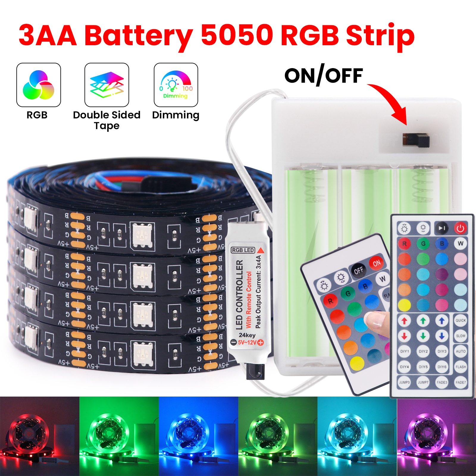3AA Batterijvoeding 5V RGB Led Strip Licht 5050 SMD 30 LEDs/M Flexibele Lint Tape Backlight met Afstandsbediening 1led Snijdbaar