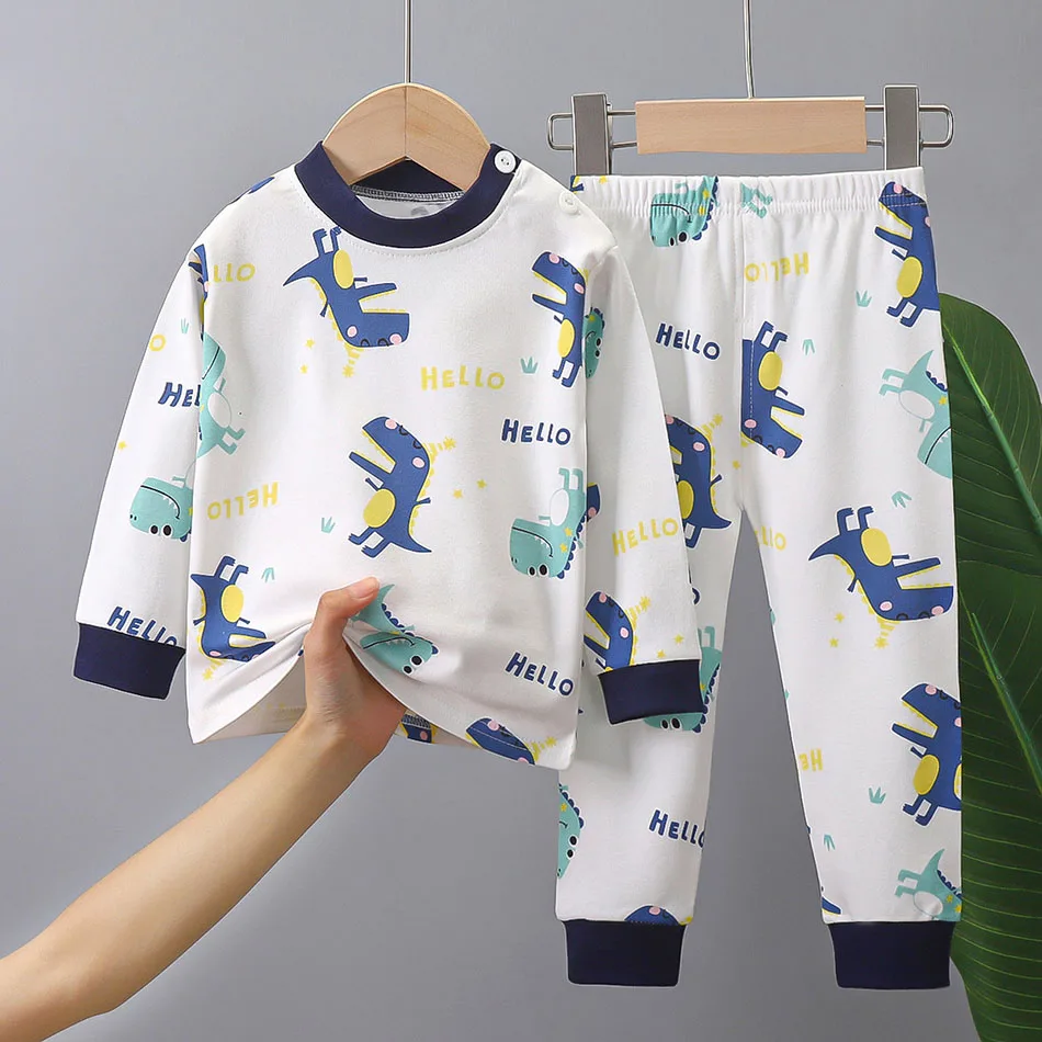 Cotton Kids Clothing Set Children Soft Autumn Long Sleeve Tops and Pants Outfit Pajamas Boy Girl Cartoon Dino Sleepwear Homewear