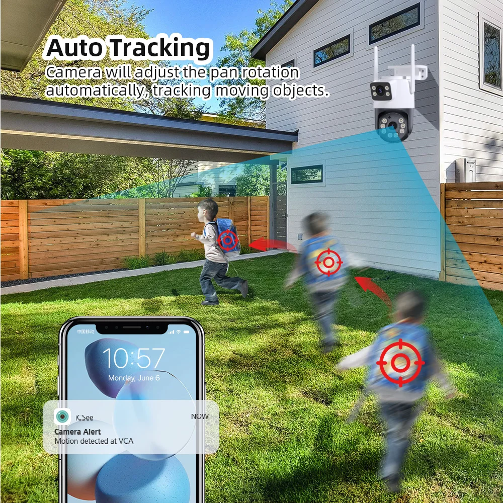 8MP 4K iCSee WiFi Telecamera PTZ Doppio Schermi Auto Tracking Visione Notturna CCTV Telecamera di Sorveglianza Esterna 6MP Telecamera IP di Sicurezza