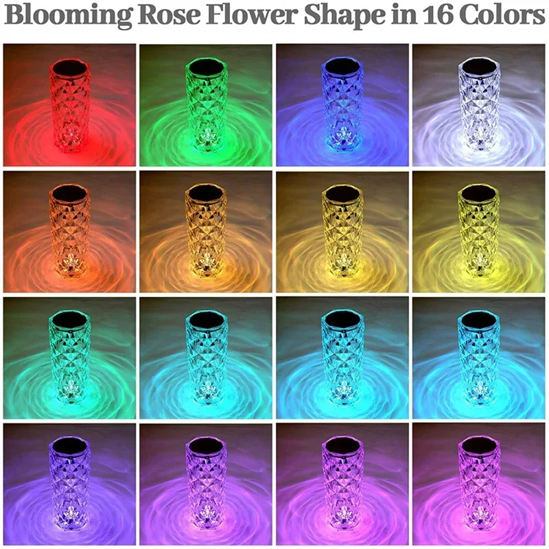 Lámpara de mesa de cristal LED de 3/16 colores, lámpara de noche romántica de rosa táctil recargable, lámpara de noche para dormitorio, decoración para sala de estar y Bar